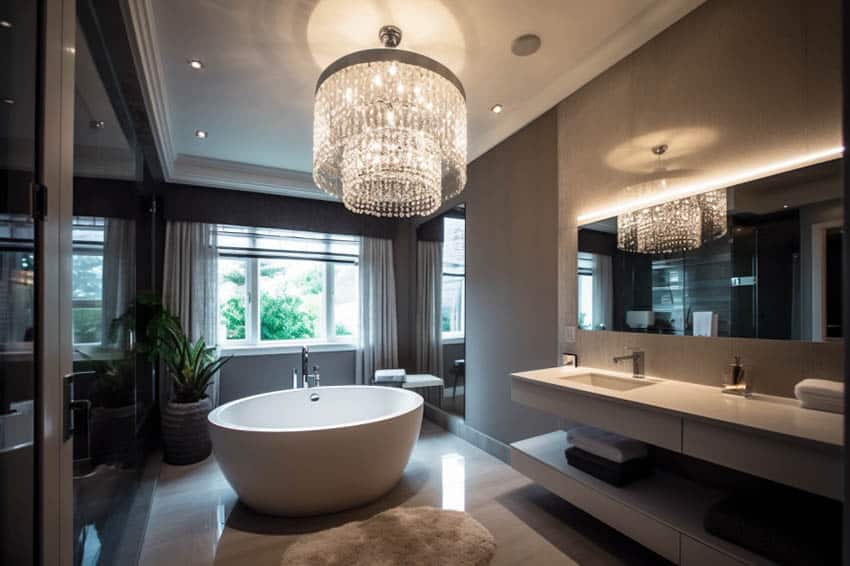 Modern bathroom with large tiered light fixture and 2 person oval tub