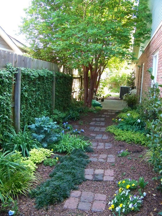 Stone pathway through garden on side of house