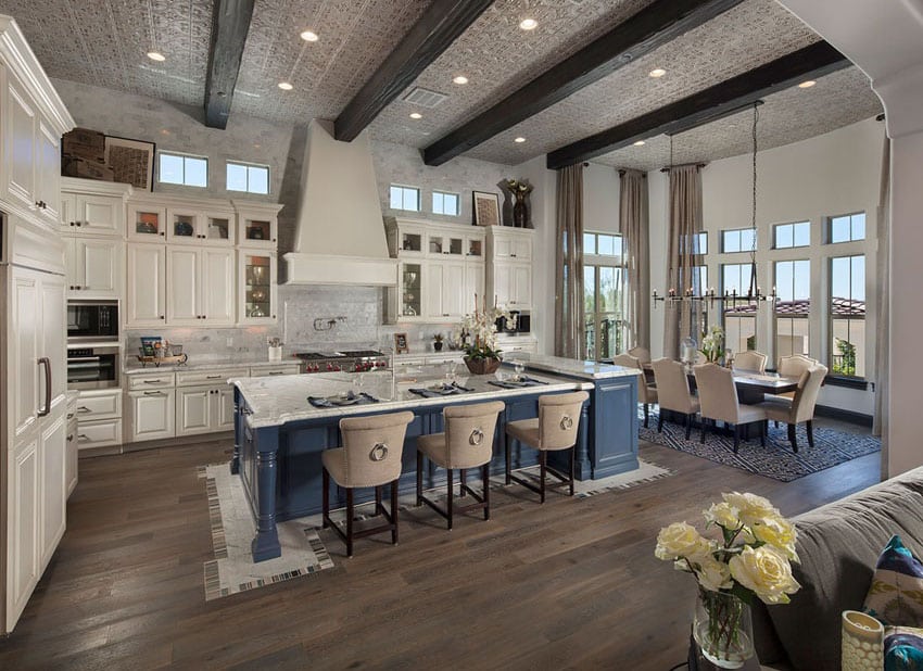 Amazing Open Concept Kitchen With Exposed Beams White Cabinets 