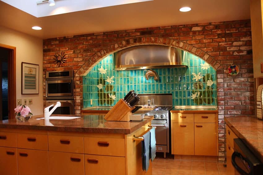 Brick kitchen with ceramic tile backsplash