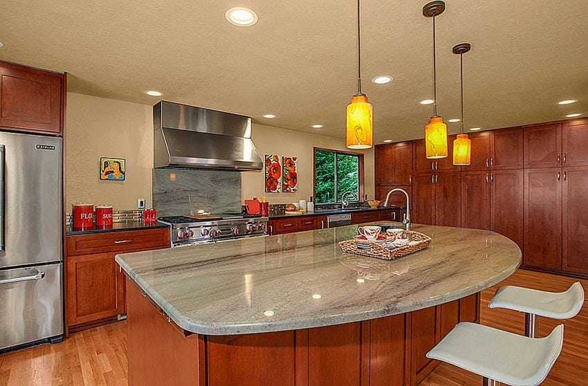 Contemporary kitchen with cherry cabinets and island