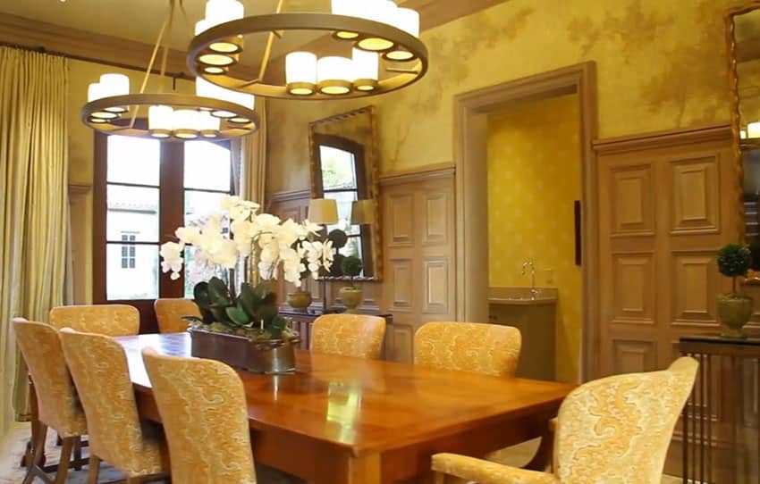 Formal room with yellow texture and wood wainscoting