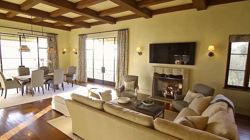 Luxury living room with fireplace and coffered ceiling