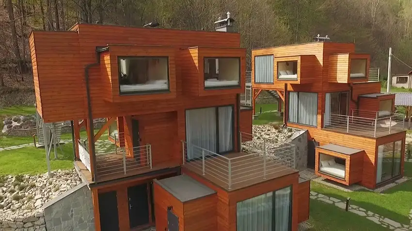 Micro apartment design with outdoor terrace and suspended bedrooms