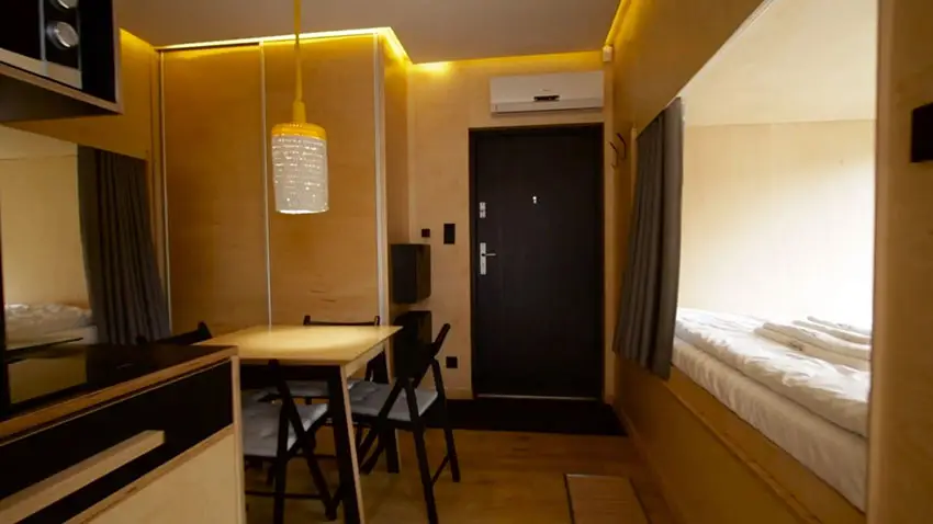 Micro apartment interior dining room and kitchenette