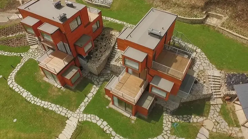 Micro apartments aerial view showing the buildings, landscaping and walkways