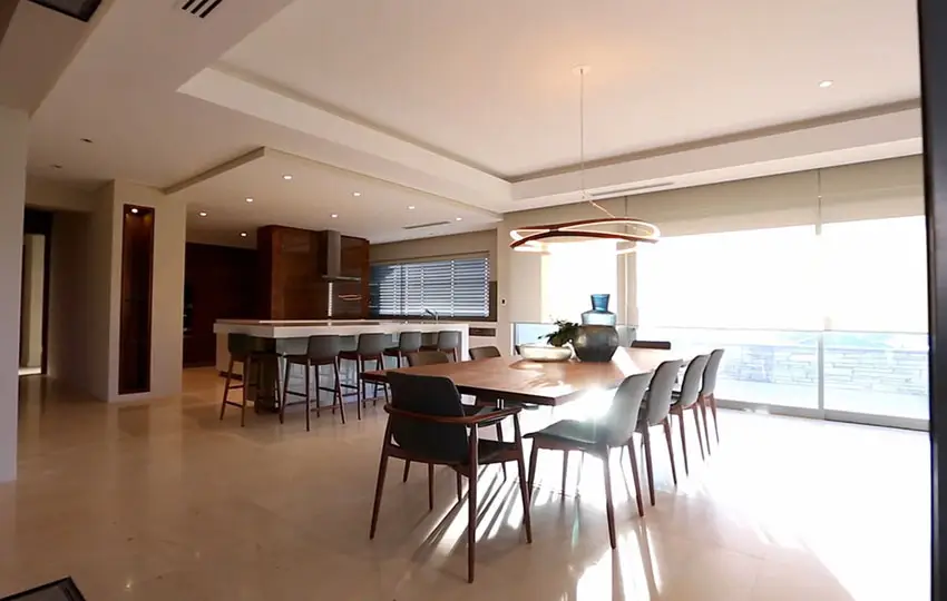 Modern dining room with view to open kitchen