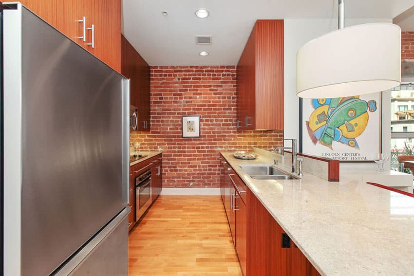 Modern kitchen with red brick veneer