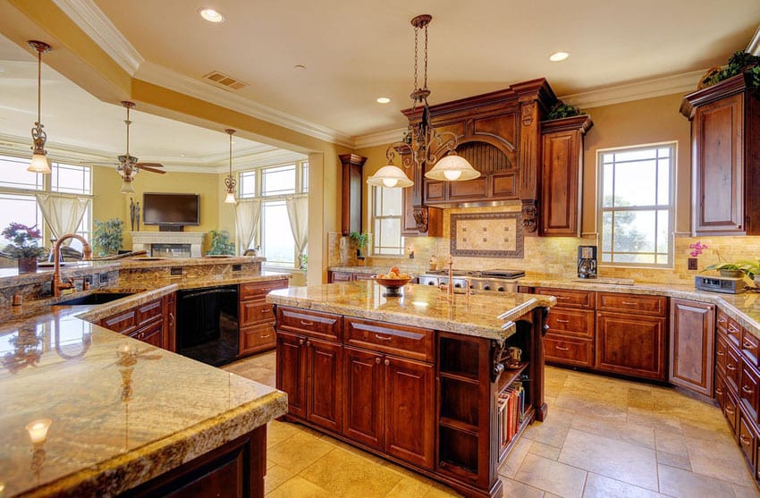 Open design kitchen with betularie granite counters