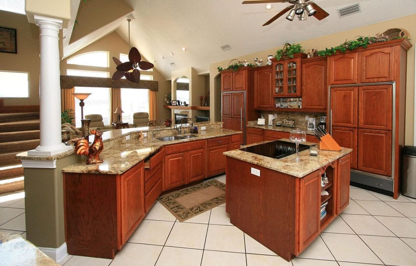 Open kitchen with porcelain tile floors
