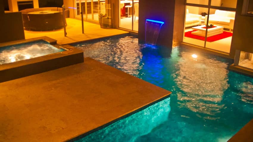 Pool with LED illuminated acrylic sheetfall
