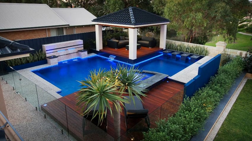 Swimming pool with water features deck and gazebo