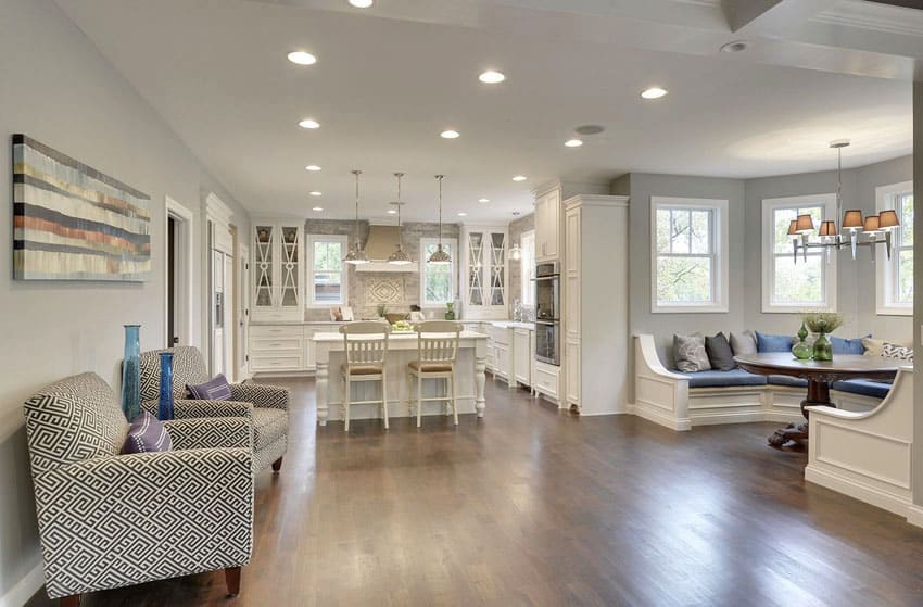 White traditional kitchen with dining room and breakfast nook