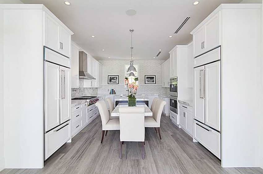 modern white kitchen dark floor