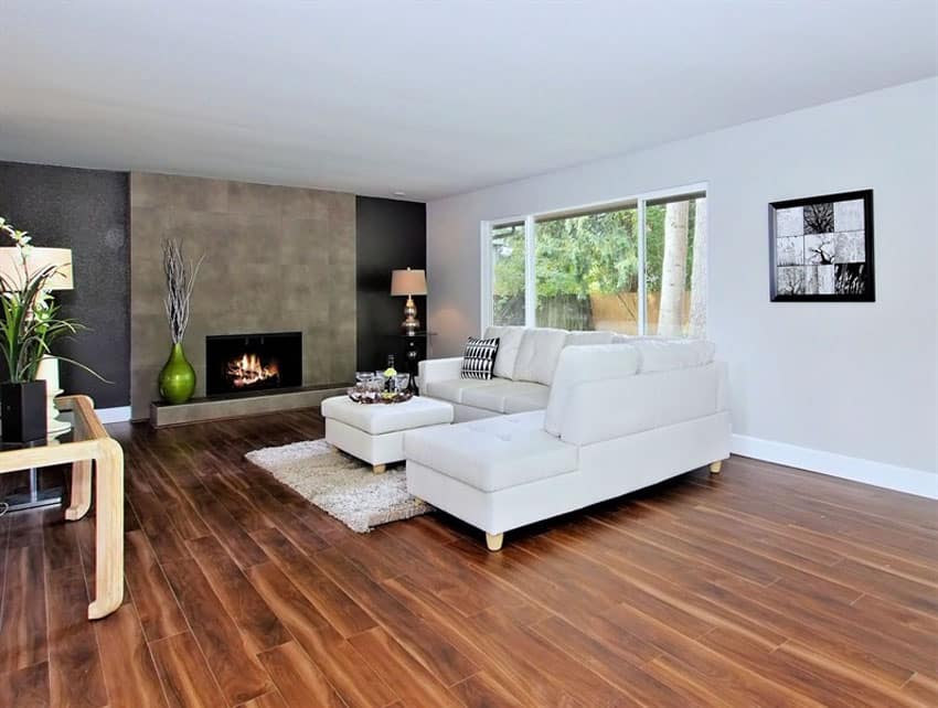 contemporary living room with acacia wood floors