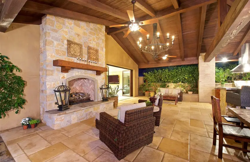Covered outdoor patio with fireplace and arched wood ceiling