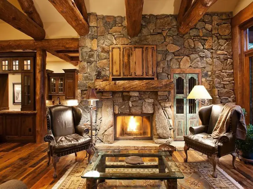 Craftsman inspired room with exposed log beams and Victorian style chairs