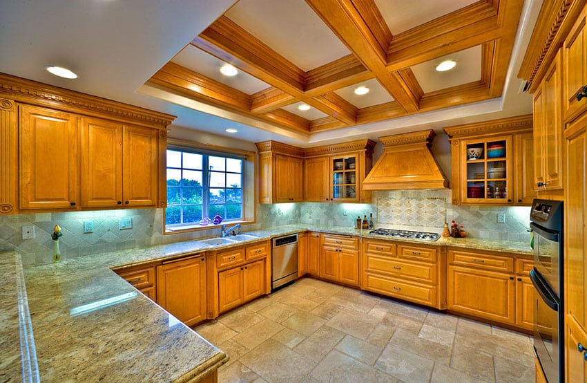 Custom kitchen with coffered ceiling