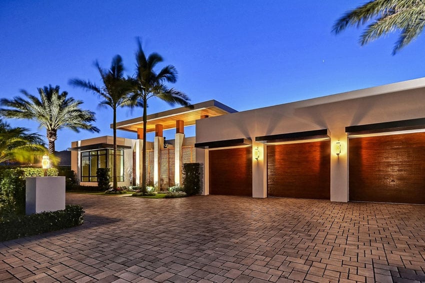 Front garage and driveway at modern luxury home