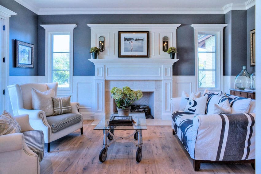 Living room with wainscoting and wood flooring