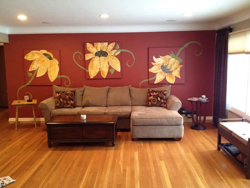 Living room with wall art and hardwood floors