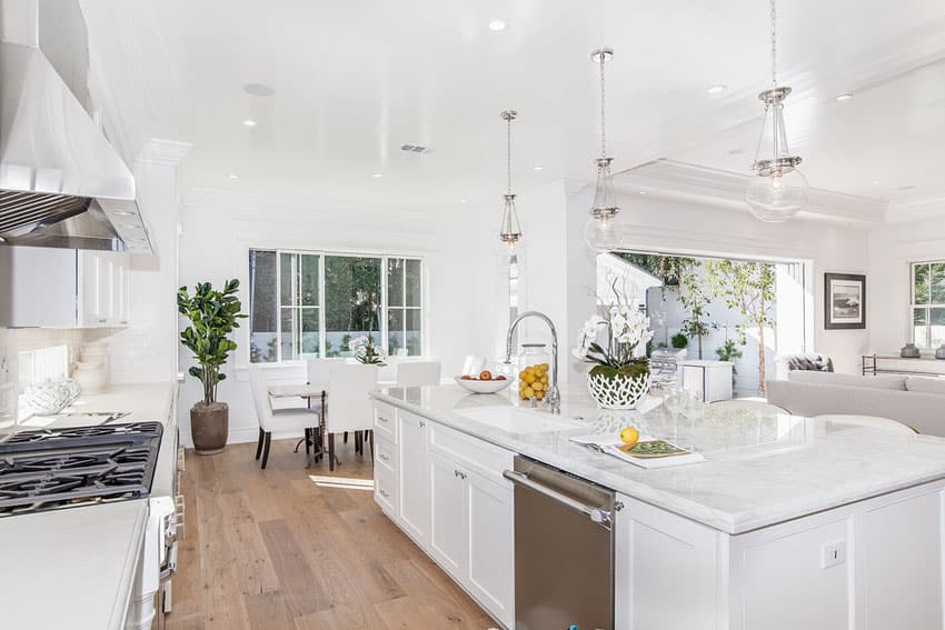 Luxury one wall kitchen with white cabinets marble counter and maple hardwood floor