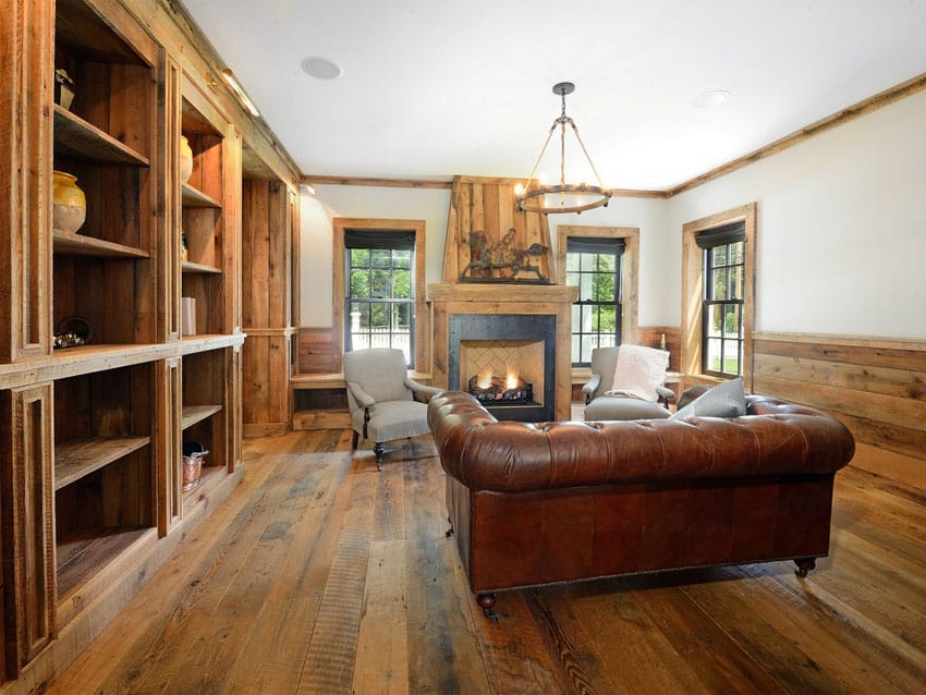 Rustic living room with wide plank golden pecan hardwood floor