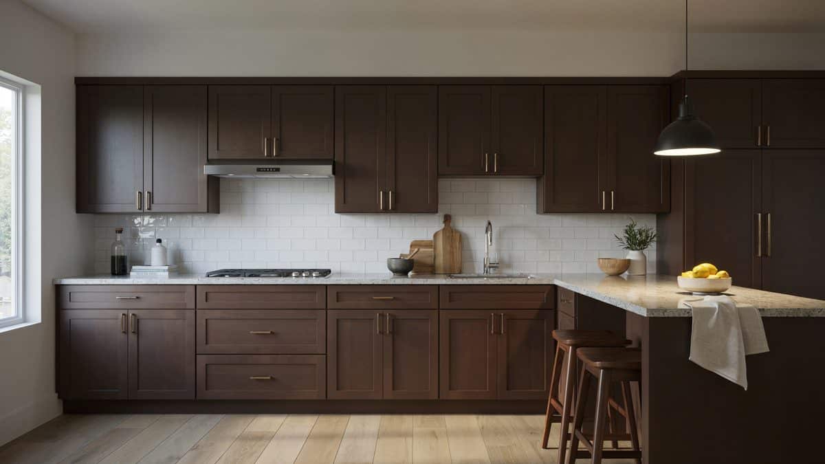 Espresso brown cabinets meeting a light granite peninsula with two wooden stools