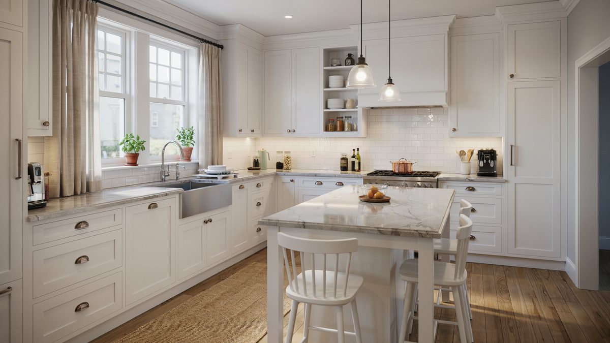 White beadboard cabinetry framing a Carrara marble island with spindle chairs