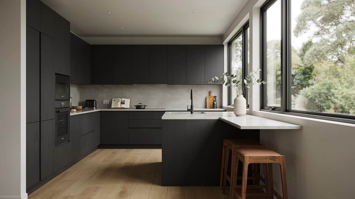 Charcoal handleless cabinets with a stone peninsula bar and walnut counter stools
