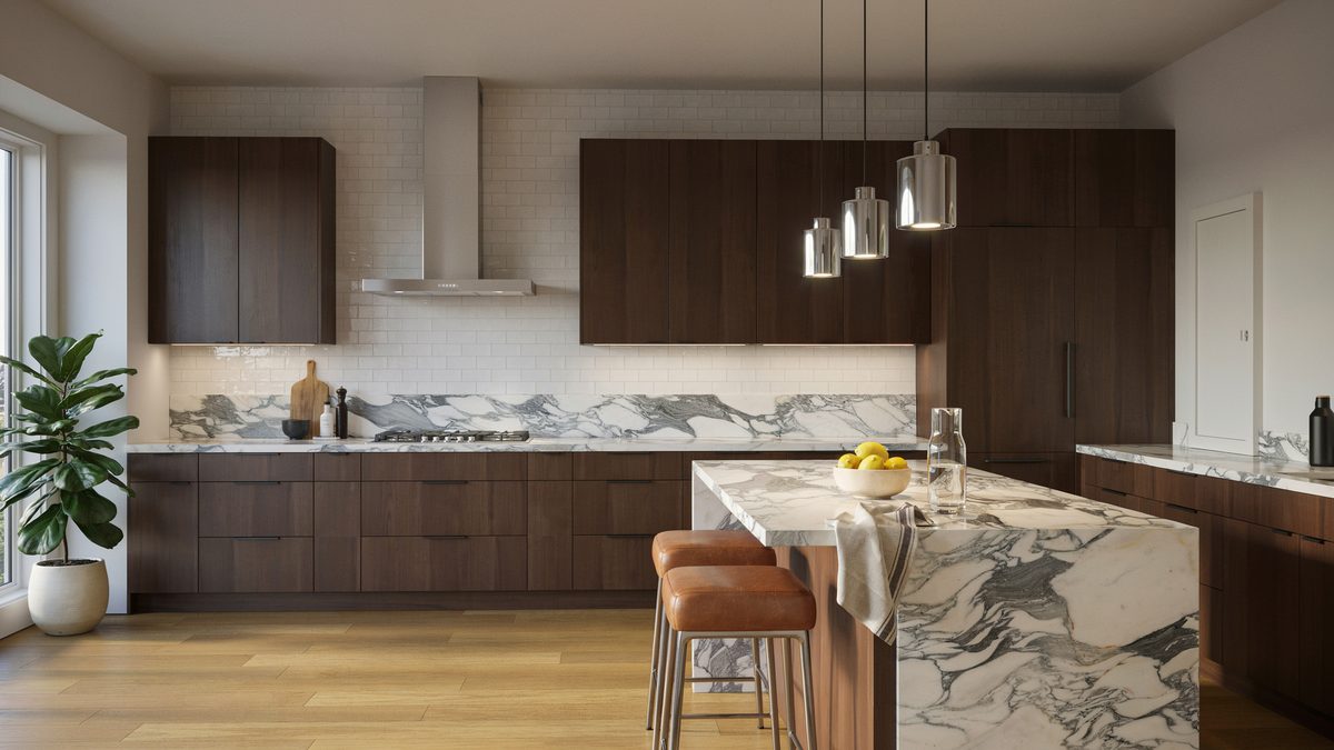 Dark walnut cabinets with a Calacatta marble waterfall island and leather stools