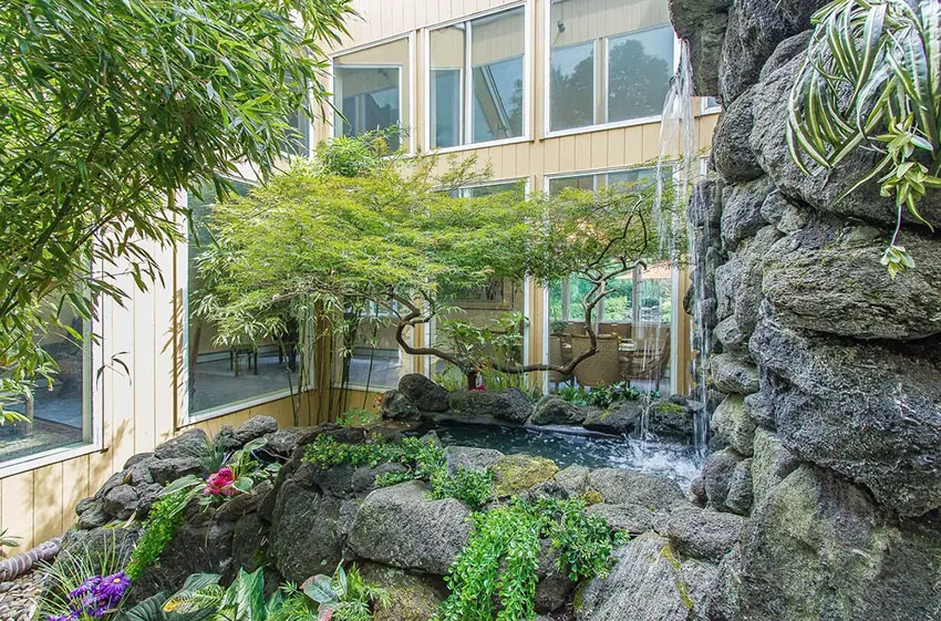 Backyard Asian garden with waterfall