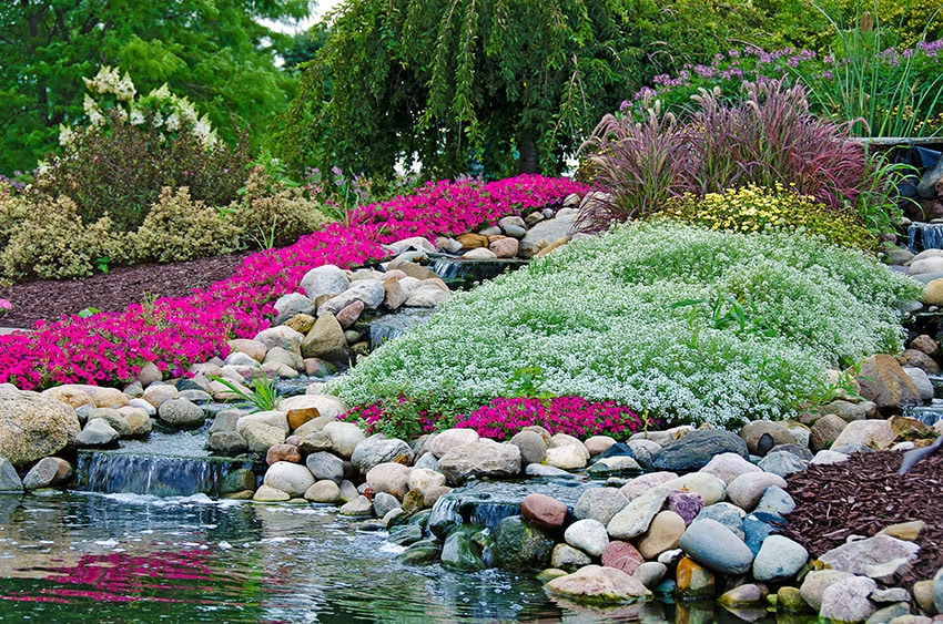 Beautiful flower garden waterfall and pond