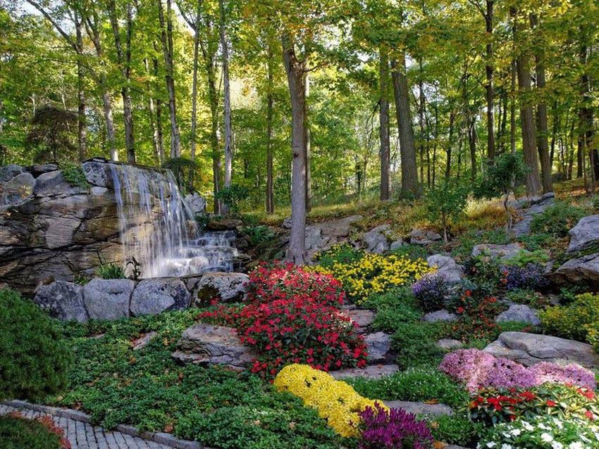 Beautiful flower garden waterfall
