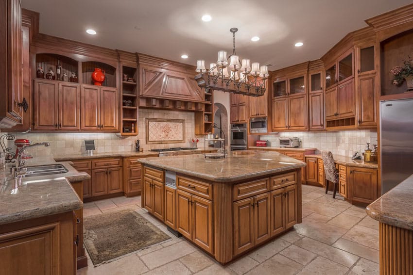 Solid wood cabinet, recessed lighting and travertine floors