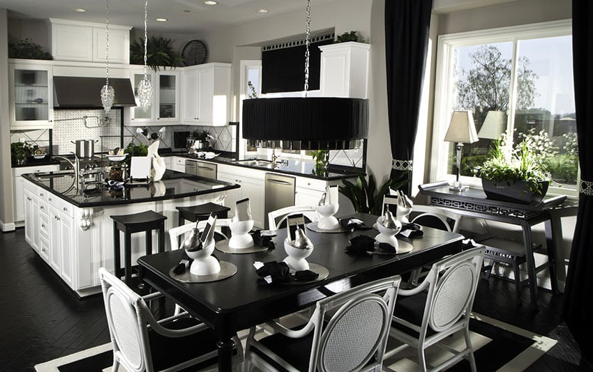 Black and white style kitchen design with open concept layout