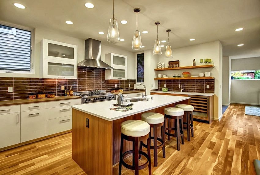 Contemporary kitchen with hickory engineered hardwood floors