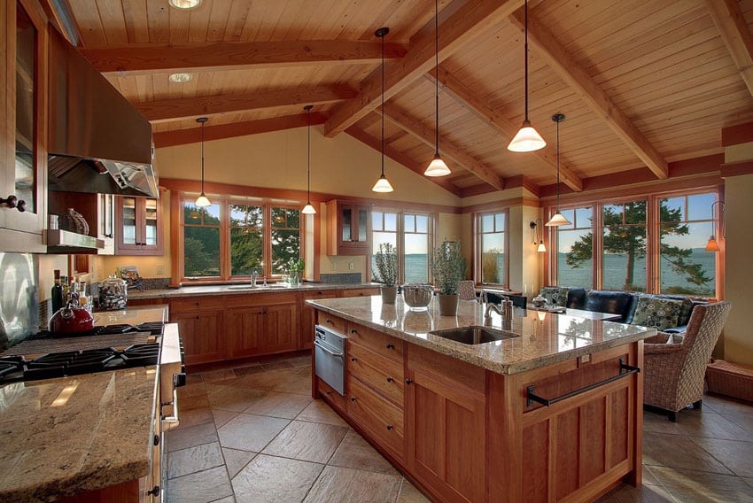 Craftsman style kitchen with wood vaulted ceiling