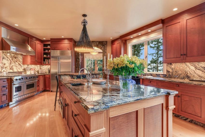 Kitchen with breakfast bar island modern chandelier