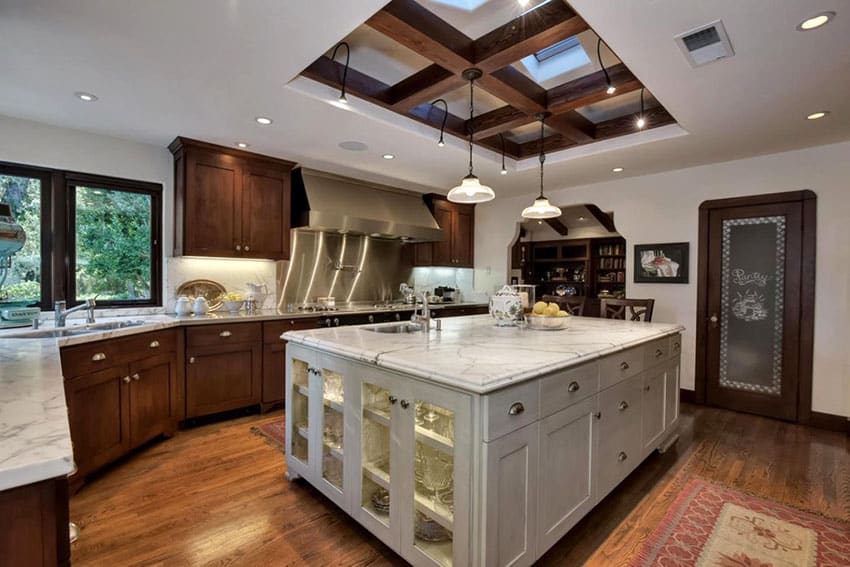 Craftsman kitchen with coffered cupola ceiling and hardwood flooring