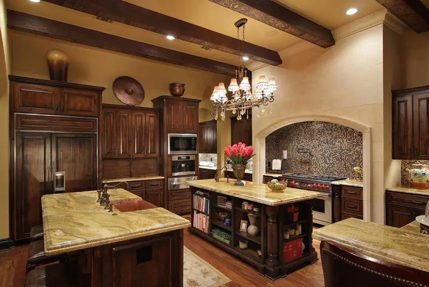 Kitchen with exposed beam ceiling and mosaic tile backsplash