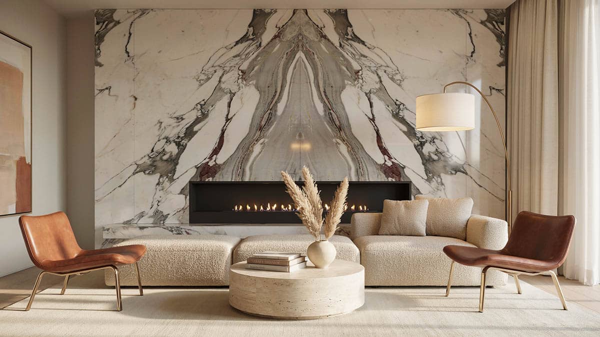 Book matched quartz wall with linear fireplace