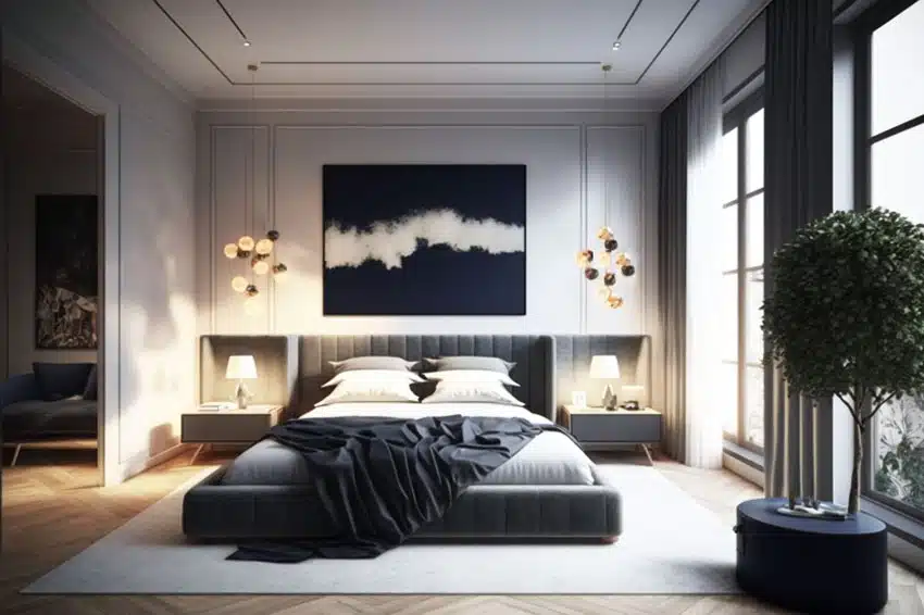 Bedroom with large tufted platform bed, headboard and pendant light cluster 