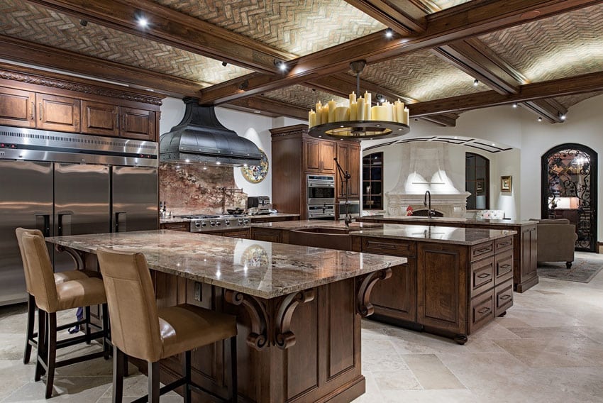 Kitchen with walnut finish with exposed trusses and chevron pattern ceiling bricks