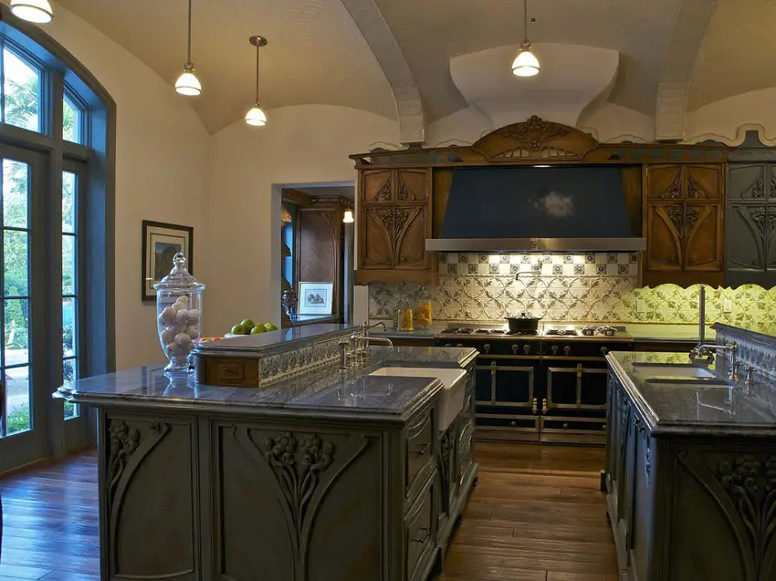 Traditional kitchen with silver waves countertop and hardwood flooring