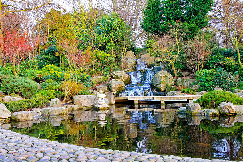 Waterfall detail in Japanese garden with blissful nature