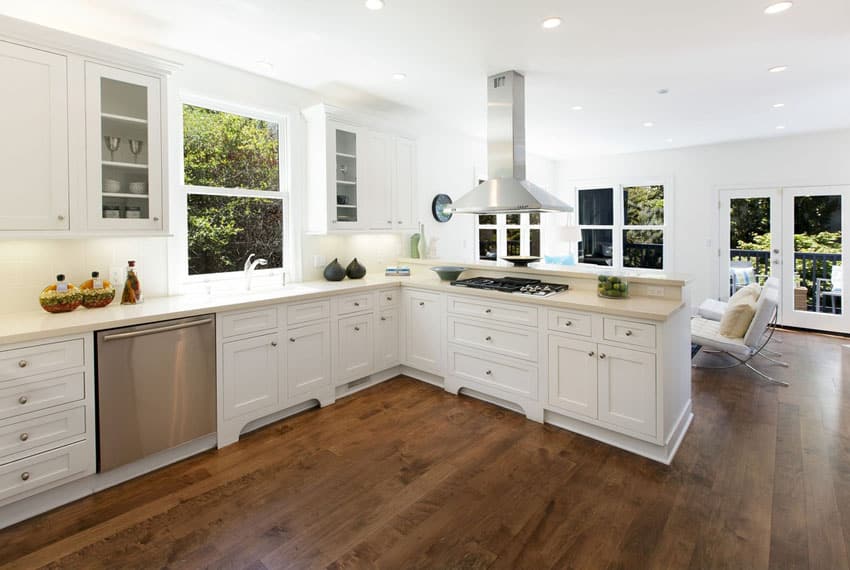 White kitchen with Brazilian cherry flooring
