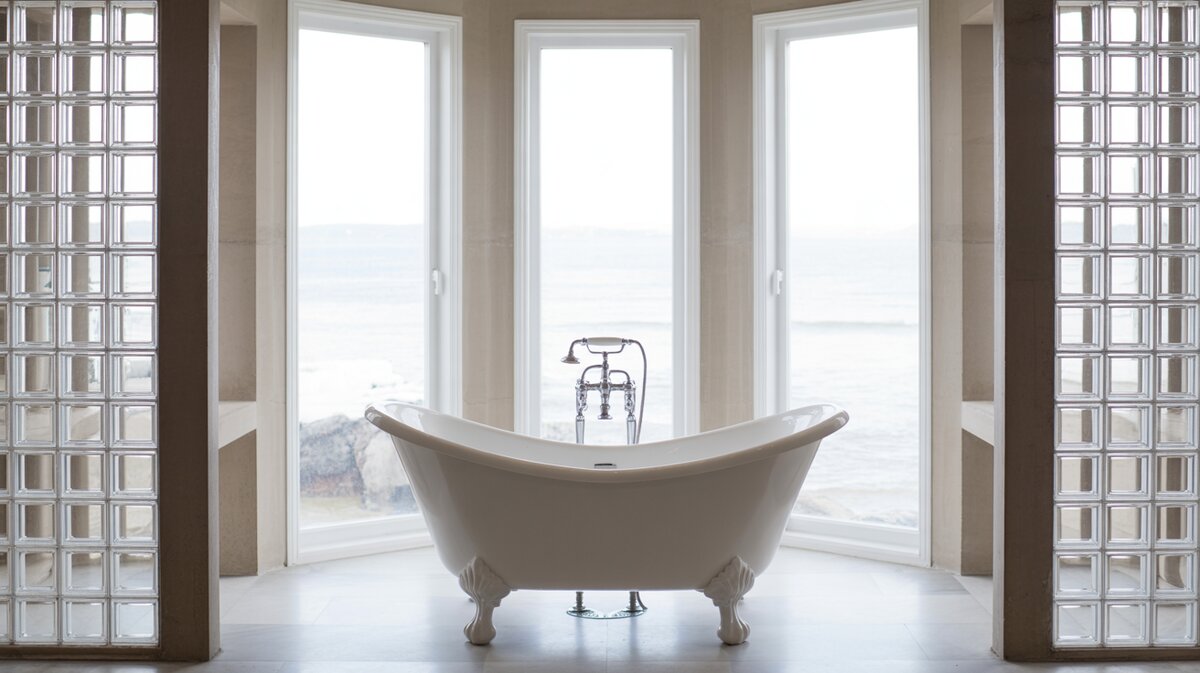 White clawfoot soaking tub framed by glass-block panels and an ocean view