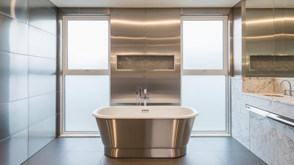 Brushed metal freestanding tub between frosted windows with a marble accent wall
