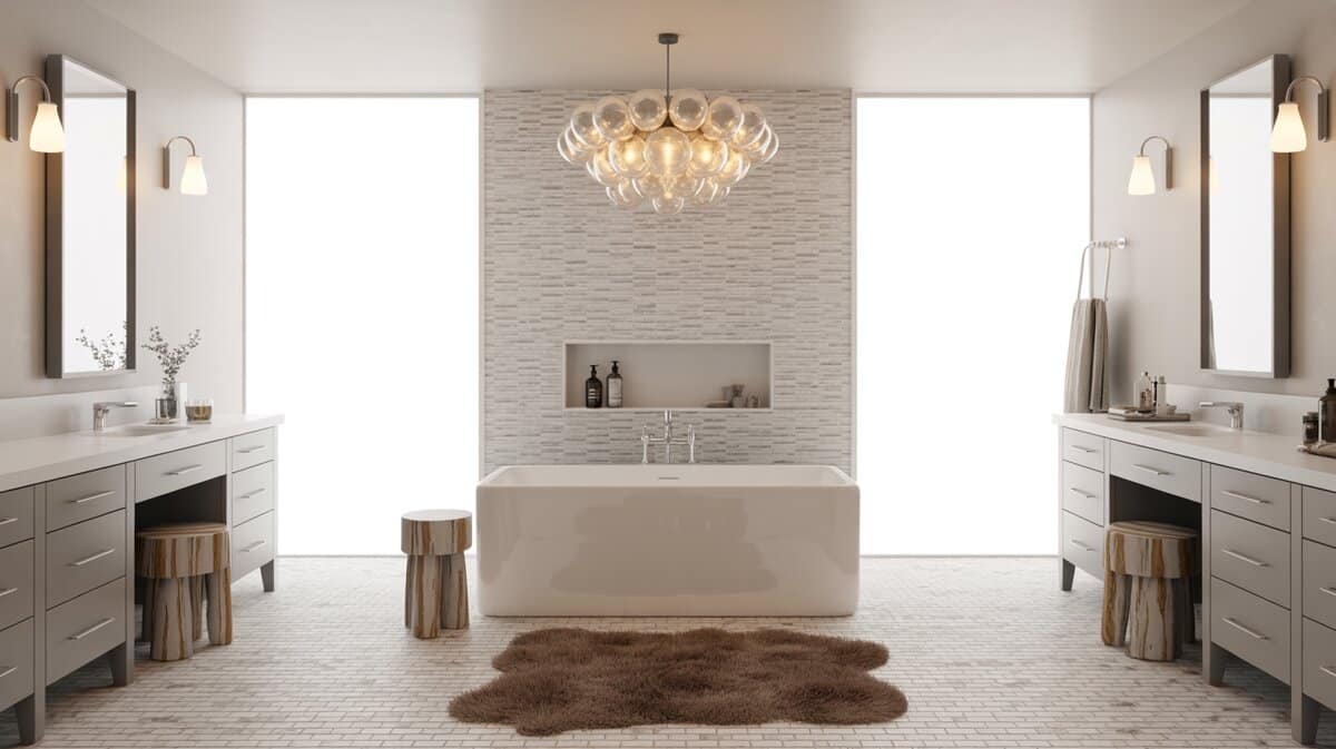 Rectangular freestanding tub beneath blown-glass bubble pendants in a white bathroom